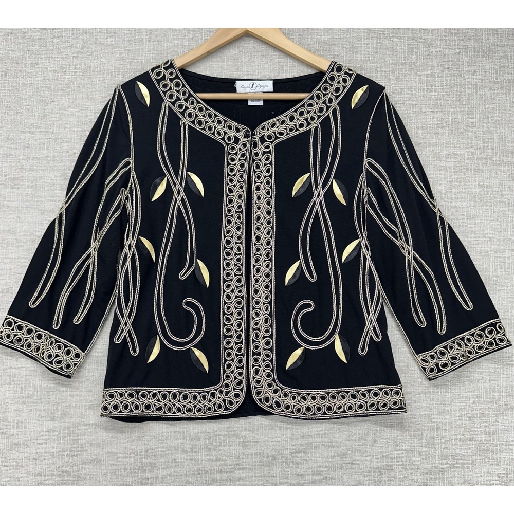 Once Again Jacket Womens Medium Black Gold Embroidered Open Front 3/4 Sleeve